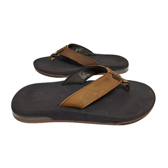 Reef Fanning Flip Flops Men's 9 Leather Sandals Brown Bottle Opener Beach - Picture 3 of 9